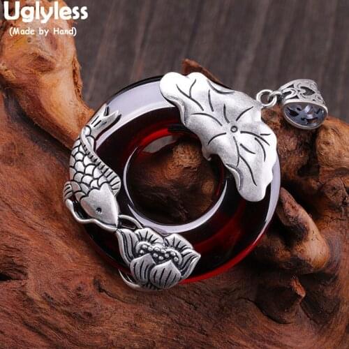 Uglyless Ethnic Thai Silver Leaf Lotus Flower Fish Pendants Women Vintage Chalcedony Necklaces NO Chains 925 Silver Bijoux P855