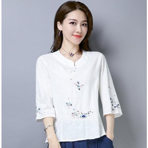 Indie Folk Flower Embroidery Cotton Linen Tshirts Summer Clothes for Women 2021 New Short Sleeve Slim T Shirt Top Mujer
