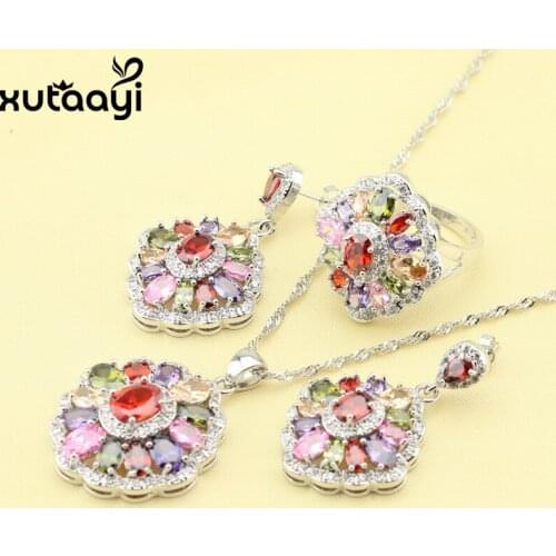 High Quality Silver Womens Fashion Jewelry Set ,Multicolor Stones Distinctive Ring Earrings Necklace Ring Size 6/7/8/9/10