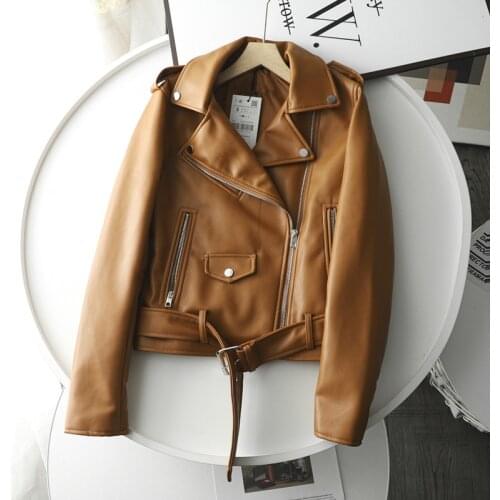 2021 Spring Autumn Faux PU Leather Jacket Plus Belt Light Purple Beige Black Camel Casual Motorcycle Biker Jacket Streetwear