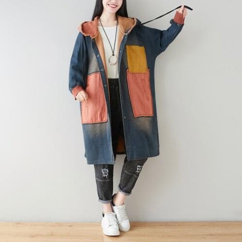 Long Denim Hooded Jacket Women Korean Washed Patchwork Kurtka Jeans Large Size Loose Casual Clothes Cowboy Trench Coat
