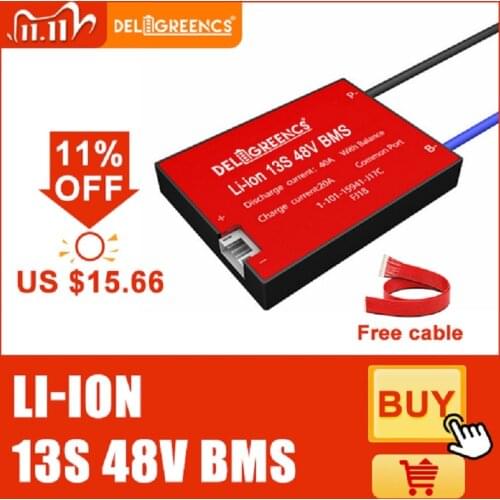 Deligreen 13S Li-ion BMS 15A 20A 30A 40A 50A 60A 48V PCB/BMS for 3.7V lithium battery pack 18650 LiNCM Li-Polymer Scooter