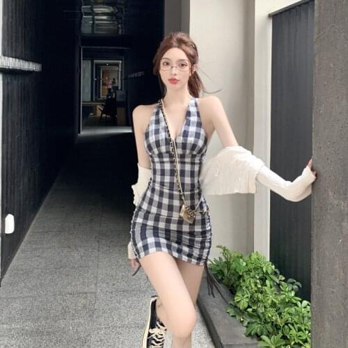 WOMENGAGA sweet hot sexy girl tank mini dress summer V neck Backless plaid Hot sexy Asian women korean dresses vest DLBI