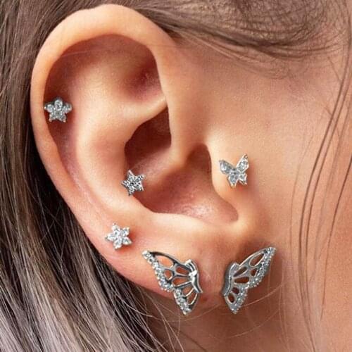 Fashion New Five-pointed Star Earrings Set Party Gift For Women Silver Color Crystal Hollow Butterfly Earring Jewelry