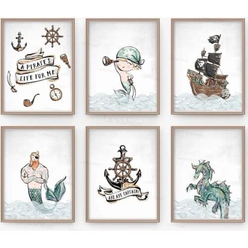 Pirate Ship Captain Seahorse Nursery Wall Art Canvas Painting Cartoon Nordic Posters and Prints Wall Picture Boy Kids Room Decor