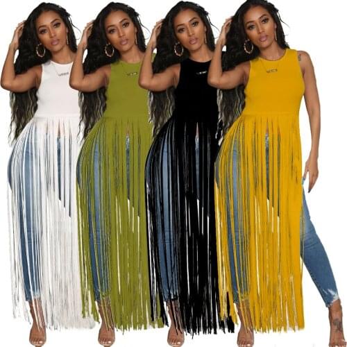 In Stock Latest Design Sexy Ladies Shirt Women Clothing 2021 Sleeveless Tassels Women Tops Club Wear Long Womens T-shirts