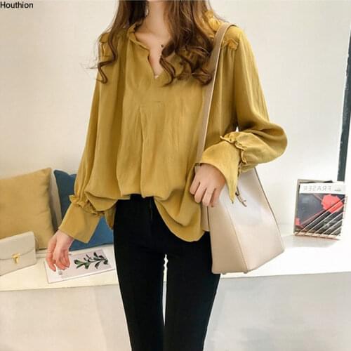 Spring and Summer Long-sleeved Blouse The New Fashion Casual V-neck Loose Chiffon Top Blusas