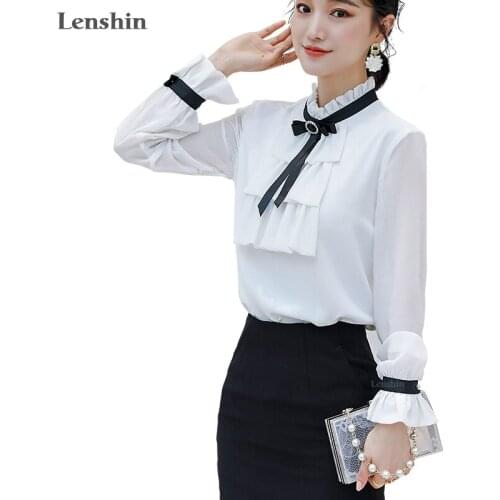 Lenshin Women Ruffles Shirts with Tie High-quality Flare Sleeve Blouse Office Lady Female Tops Chemise Loose style Stand Collar