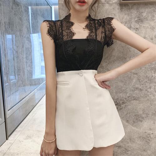 Women Summer Sexy Black White 3pc Sets Sexy Tube Top&Lace Patchwork Blazer Vest&Mini Shorts Set Fashion Chic Three Piece Suits