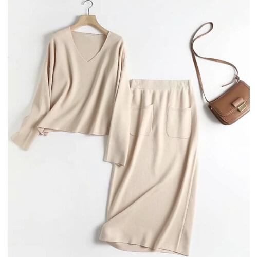 Dave&Di England Fashion Simple Solid V-neck Loose Sweaters Women Pullovers Pockets High Waist Knitted Midi Skirts Women Sets