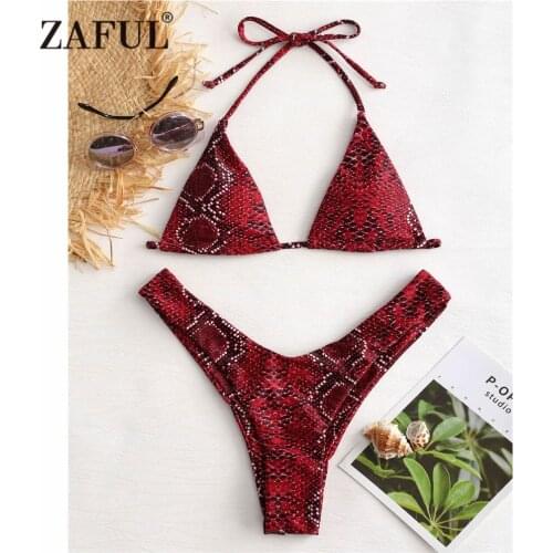 ZAFUL Snakeskin Bikini Swimwear Women High Cut Swimsuit Sexy Halter Thong Bikini Bikini Set Padded V-Neck Biquni Bathing Suit
