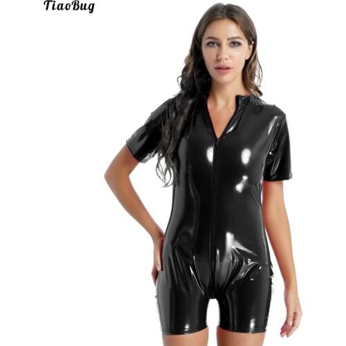 TiaoBug Women Two-Way Zipper Patent Leather Bodysuit Glossy Leotard O Neck Short Sleeve Skinny Jumpsuits Clubwear Streetwear