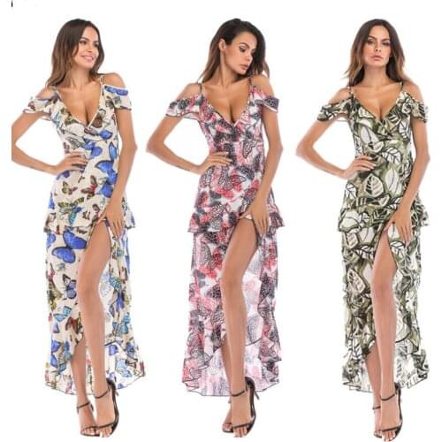 2019 new clothing Summer Womens Dress Sexy Deep V-neck Irregular Side Sling Long Beach slim Dress vestido women zanzea plus