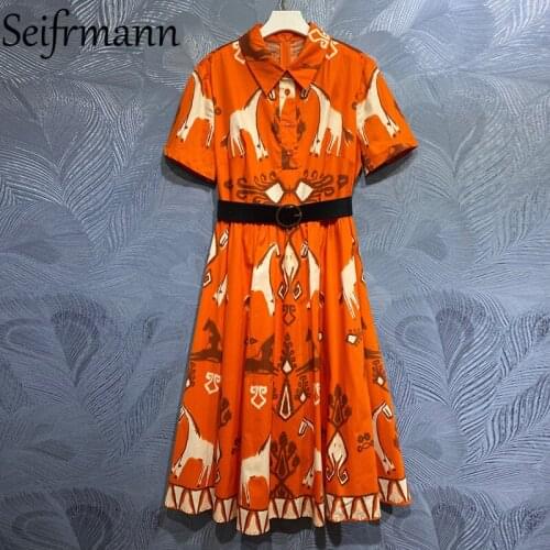 Seifrmann New 2021 Summer Women Fashion Runway Cotton Dress Short Sleeve Sashes Vintage Print Ladies Party Midi Dresses Vestidos