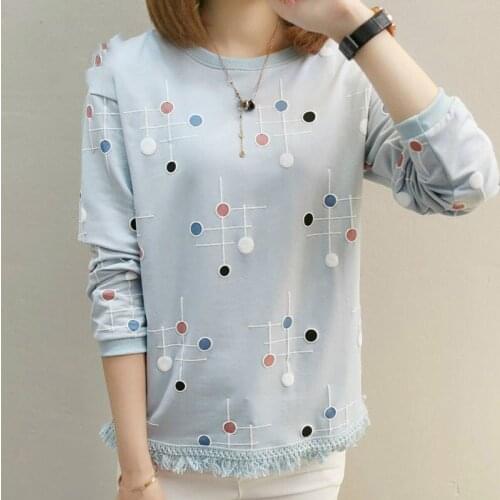 2019 Autumn Women Tops Tees Fashion Print Tshirt Femme T-shirt Ladies Long Sleeve Cotton T-shirts Bottom Tassel Poleras Mujer