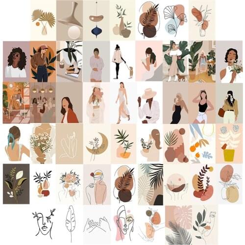 50Pcs Beautiful Boho Aesthetic Pictures for Wall Collage Kits Morandi Hue Abstract Postcard Set Wall Art of Living Room Decor