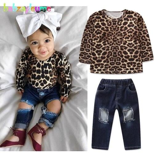 Babzapleume Spring Autumn Clothing For Girls Outfits Fashion Leopard Print Kids Clothes Sets Baby T-shirt Tops+Hole Jeans BC1367