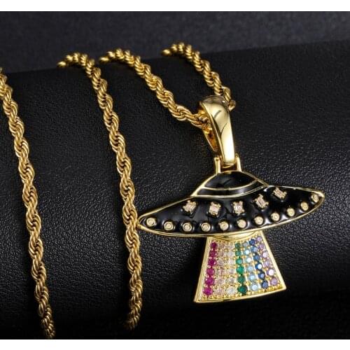 D&Z Iced Alien UFO Pendant In White Gold Micro Paved Colorful Cubic Zirconia Stones Necklace For Mens Hip Hop Iced Out Jewelry