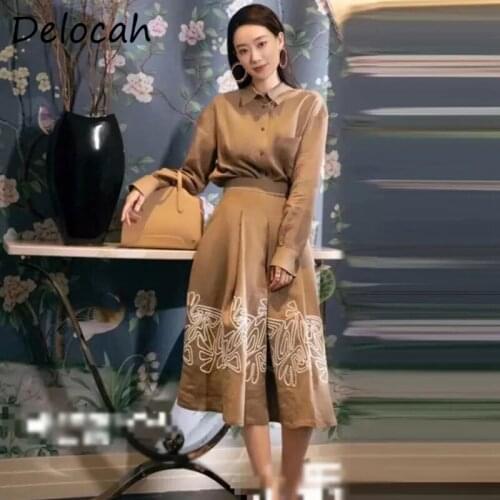 Delocah New 2021 Autumn Women Fashion Runway Skirts Set Long Sleeve Loose Blouses + High Waist Embroidery A-Line Skirts Suits