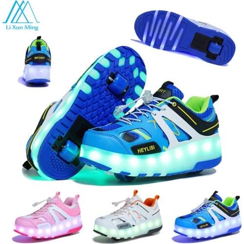 Childrens LED Light And Breathable Sports Shoes USB Rechargeable Single Wheel Double Roller Skating Roller Skates 28-40 Size