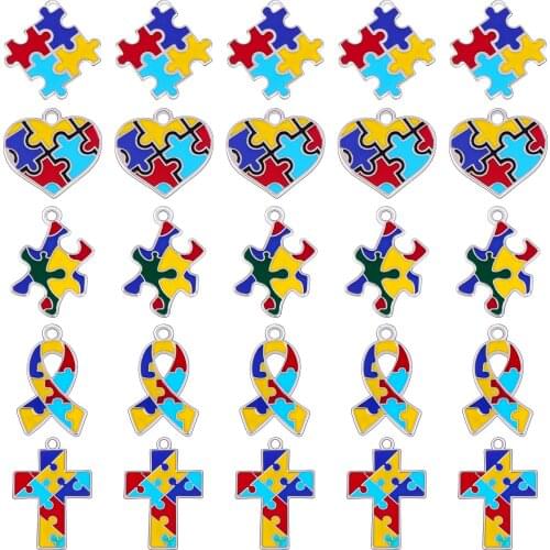 Hot Selling Enamel Autism Awareness Jigsaw Puzzle Piece Charms Pendant Fit DIY Bracelet & Necklace Jewelry Making 25pcs/lot