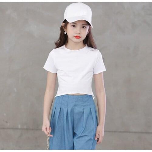 Teenage Girls T shirt 2020 New Summer Solid Color Cotton T shirt Irregular Short Tops Big Girls T shirt DT141