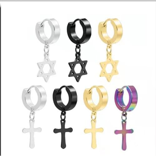 Personality Women Men Stainless Steel Cross Hexagram Buckle Pendant Earring Punk Brincos Piercing Unisex Wholesale Dropshipping
