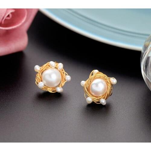 Kissme Handmade Brass Coil Winding Fresh Water Pearl Earrings For Women Baroque Cultured Pearl Stud Earrings New Fashion Jewelry