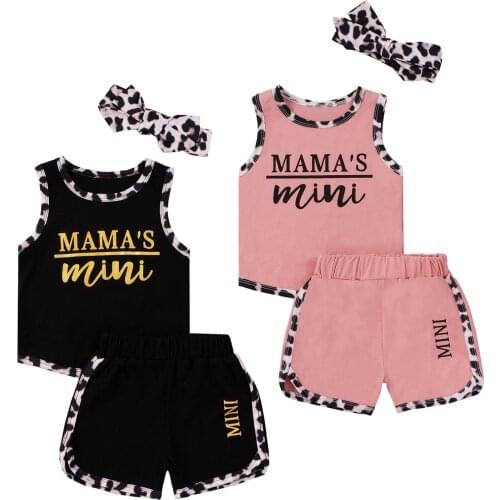 2021 New Summer 0-24M Baby Girl 3Pcs Set MAMAS MINI Letter Print Black/Pink Sleeveless Tank Top+Shorts+Leopard Bow Clothes