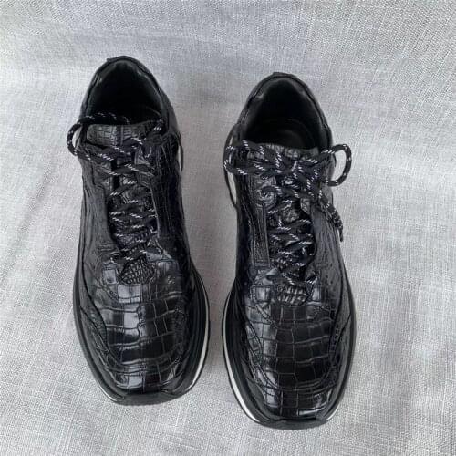 Authentic Crocodile Belly Skin Mens Casual Black Walking Sneakers Exotic Real Alligator Leather Male Lace-up Elevator Shoes