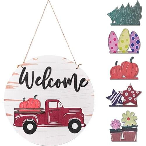 Round Listing New Welcome House Number Wall Hanging Sign Halloween Home Holiday DIY With Red Car 30CM Wood Front Door Decoration
