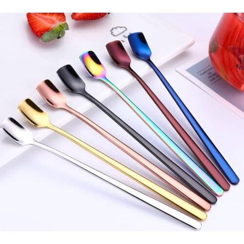 Stainless Steel Korean Long-handled Spoon Gold-plated Square Head Ice Spoon Coffee Stir Spoon Creative Lovely Dessert Spoon