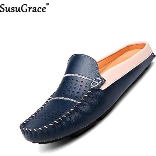 Susugrace Outdoor Men Loafers Leather Casual Breathable Male Loafers for Summer 2021 Hot Sale Flat Men Shoes Slip-on Black White