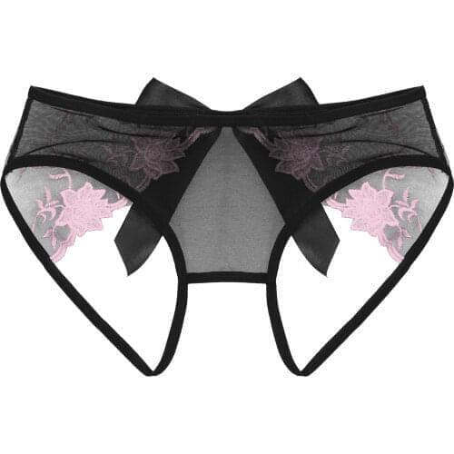 Mens Sissy Sexy Open Crotch Panties Embroidered Crotchless Briefs Mesh See-Through T-back Underpants Low Waist Gay Underwear