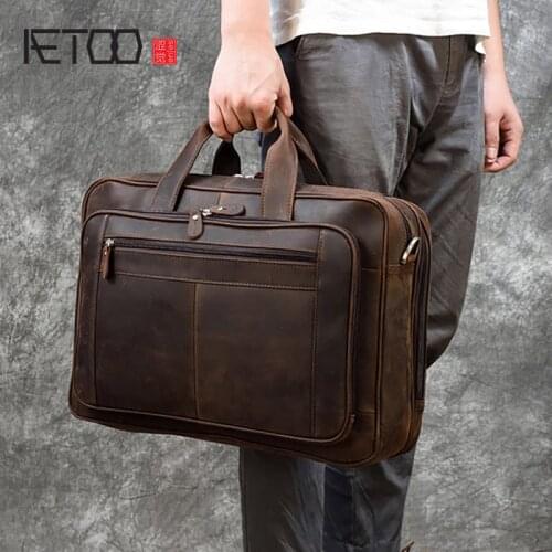 AETOO Crazy horse leather business briefcase, mens retro leather handbag, cowhide shoulder messenger bag