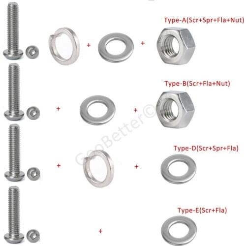 5Pcs M6 A4 316 Stainless Steel Hex Socket Screws Button Head Screw Bolt+Nut+Flat+Spring Washer Kit Set Length 8-30mm