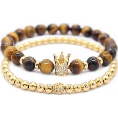 Poshfeel 2pc/set CZ Crown Bracelets & Bangles 8mm Natural Tiger Eye Stone Beads Bracelet Set Handmade Jewelry Pulsera MBR180303
