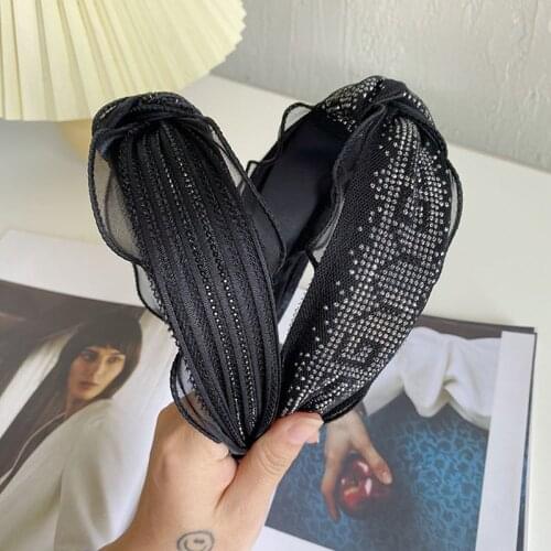 Hot Rhinestone Letter Knotted Headband Fashion Hair Accessories Women Lace Ruffled Shiny Rhinestone Hairband Hair Band Headwear