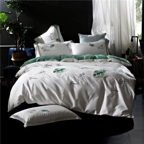 Long-Staple Cotton Luxury Exquisite Embroider Bedding Sets Green Tropical Leaves Include Duvet Cover+Bed Sheet+Pillowcases