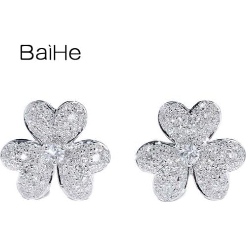 BAIHE Solid 14K White/Yellow/Rose Gold 0.90ct H/SI Natural Diamonds сережки Flower Fine Jewelry Stud Earrings серьги 2020 тренд