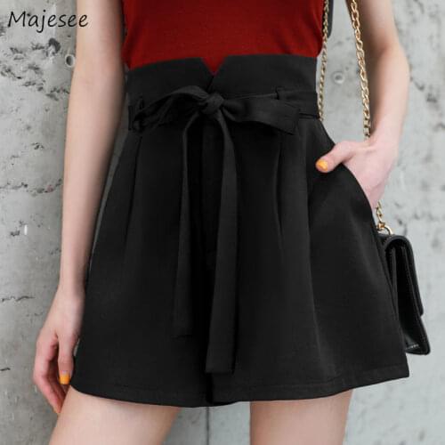 Shorts Women Solid Drawstring Bows Sashes Korean Style Office Lady Daily Elegant Lovely Vintage Design Soft Slim Loose Trendy