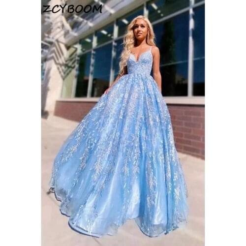 Light Blue Prom Dress2021 Women Formal Party Night Elegant Spaghetti Straps Appliques Vestidos De Gala Graduation Evening Gowns