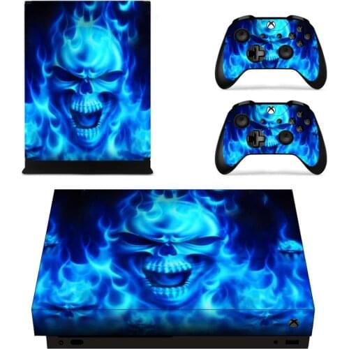 Blue flame skull Vinyl Sticker Skin Decal for Xbox One X Console + Two Controller Skins