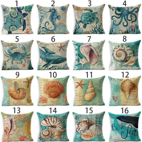 Vintage Sea Animal Turtle Whale Cotton Linen Pillow Case Sofa Cushion Cover Throw Home Decor