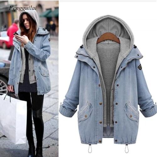 Plus Size 7Xl Winter Women Jean Jacket Warm Collar Hooded Coat Jacket Denim Parka Outwear Long Bomber Women Streatwear Jacket