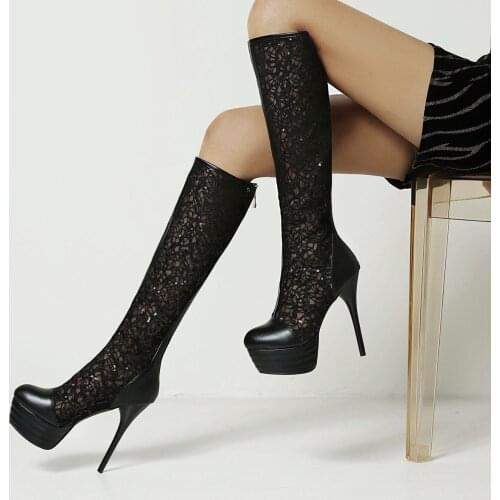Sexy Thin High Heel Hollow Knee High Boots Women Fashion Zipper Summer Mesh Boots Black White Platform Lady Long Boots