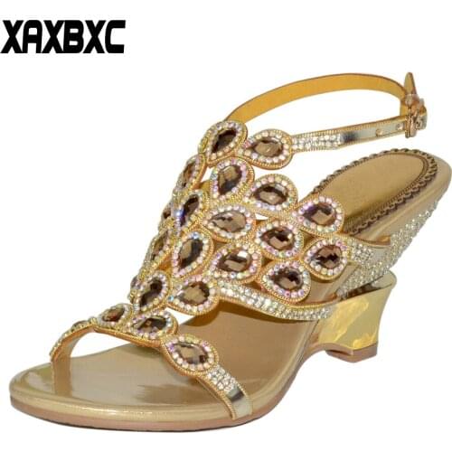XAXBXC 2018 New Summer Rhinestone Gladiator Wedges Sandals Crystal High Heels Women Bridesmaid Sandalias Wedding Party Shoes