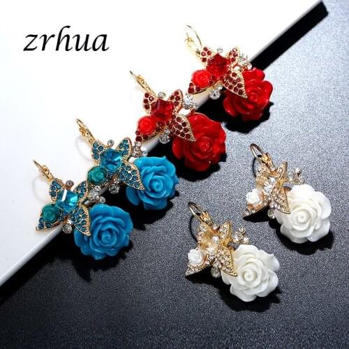 ZRHUA New luxury brilliant Crystal Earrings for Women Flower Drop Earrings Fashion Butterfly Earrings Jewelry Red Blue White