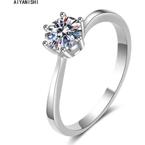 AIYANISHI 925 Sterling Silver Moissanite Diamond Solitaire Round Rings for Women Anillos Silver Jewelry Wedding Bijoux Femme