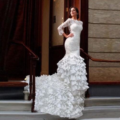 White Lace Mermaid Backless Ruffles Long Sleeve Wedding Dress robe de mariage Taffeta vestidos de novia Bridal Gowns